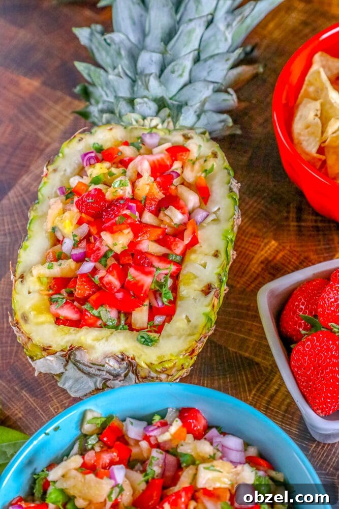Fresh Pineapple Strawberry Salsa Recipe 10 Fresh pineapple strawberry salsa served in a pineapple bowl