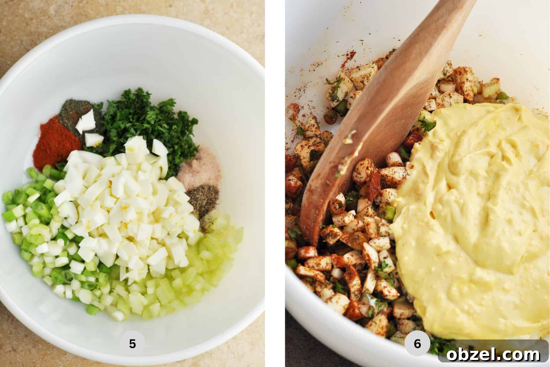 Mixing ingredients for bacon potato salad