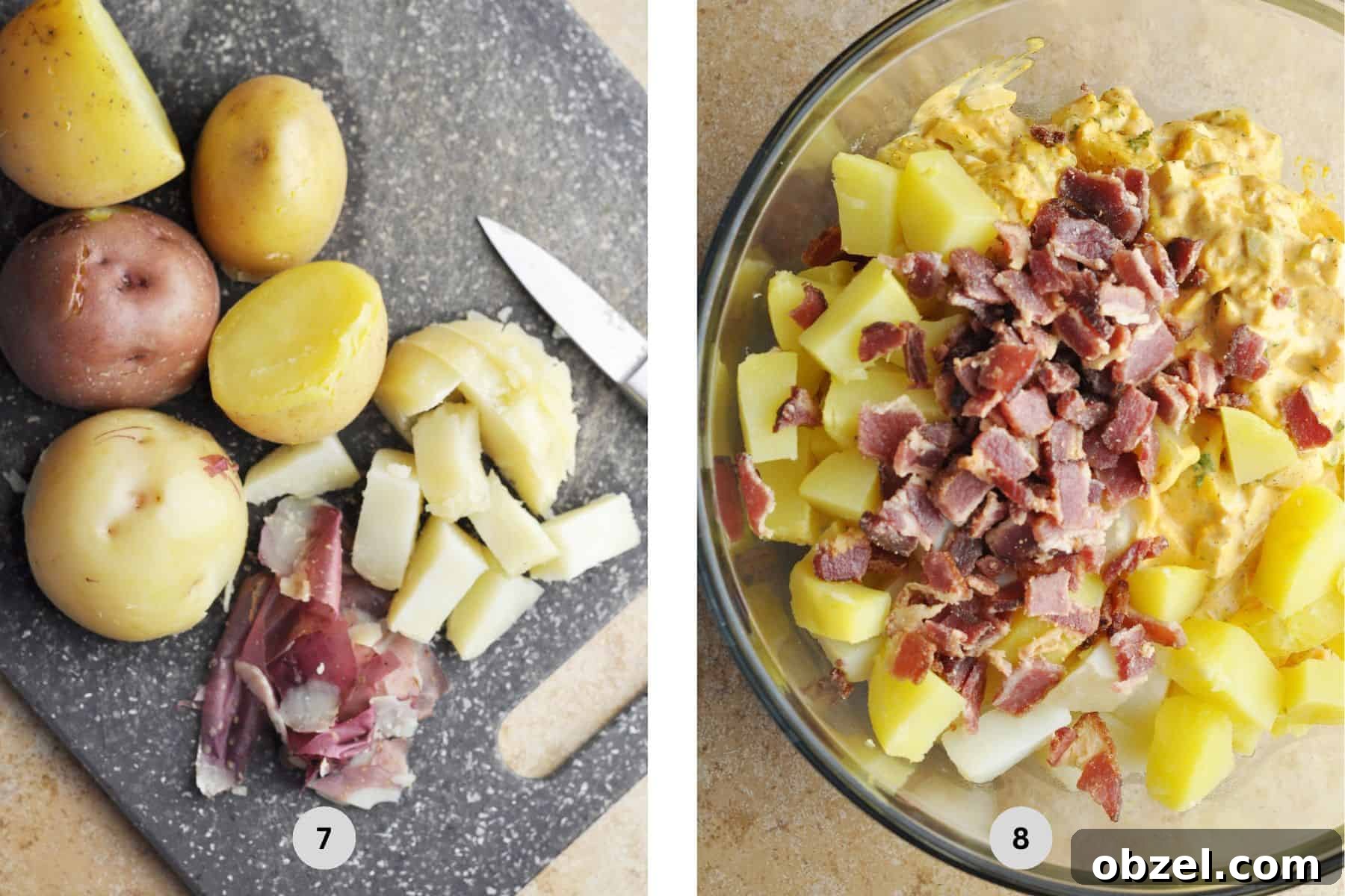 Adding potatoes and bacon to potato salad