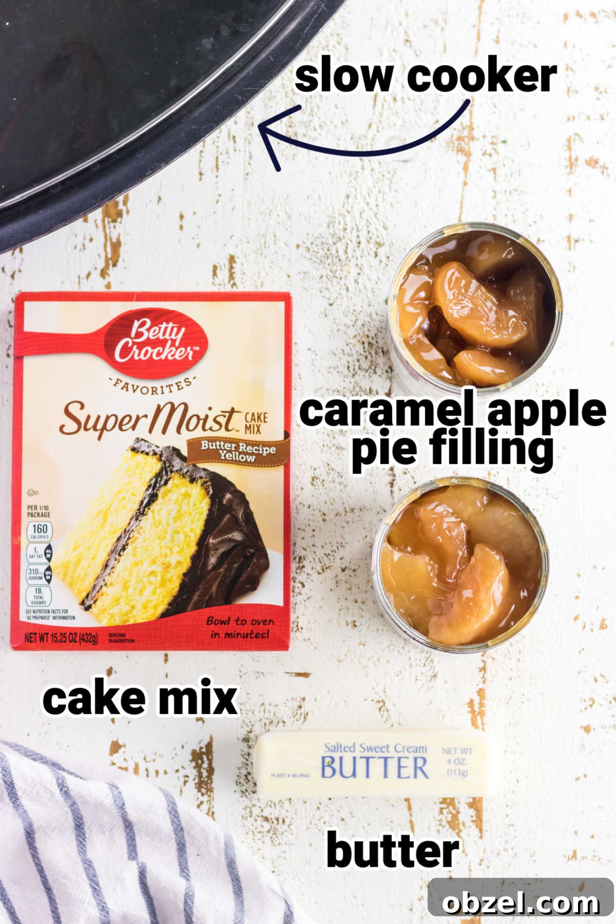 Slow Cooker Caramel Apple Dump Cake Recipe 3 Labeled ingredients for caramel apple dump cake.