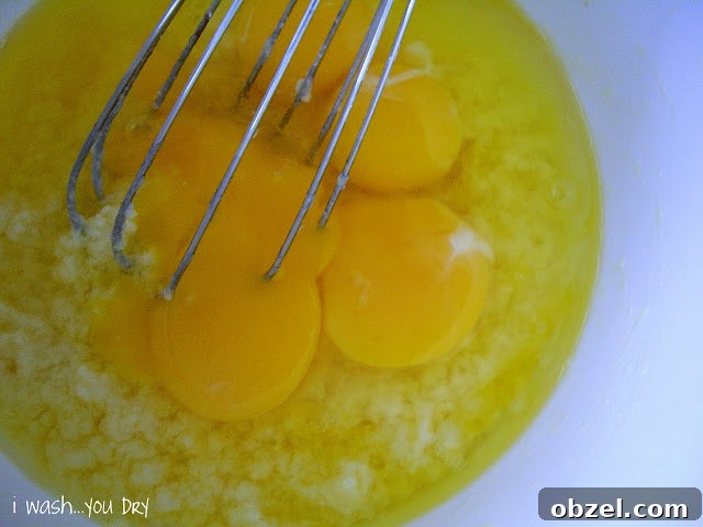 A wire whisk stirring four eggs into the mixture in a bowl.
