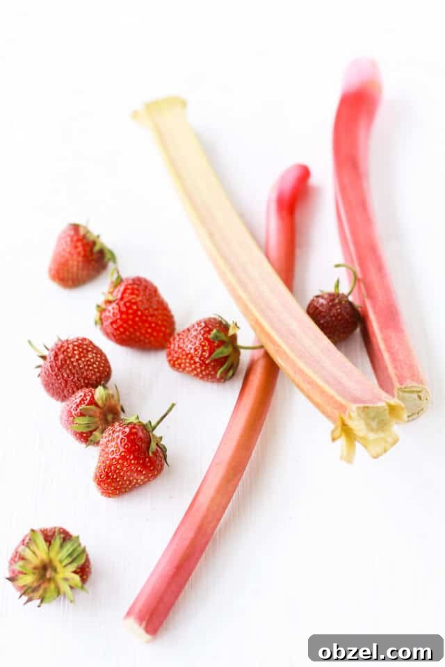 Stalks of fresh rhubarb and strawberries with the stems on
