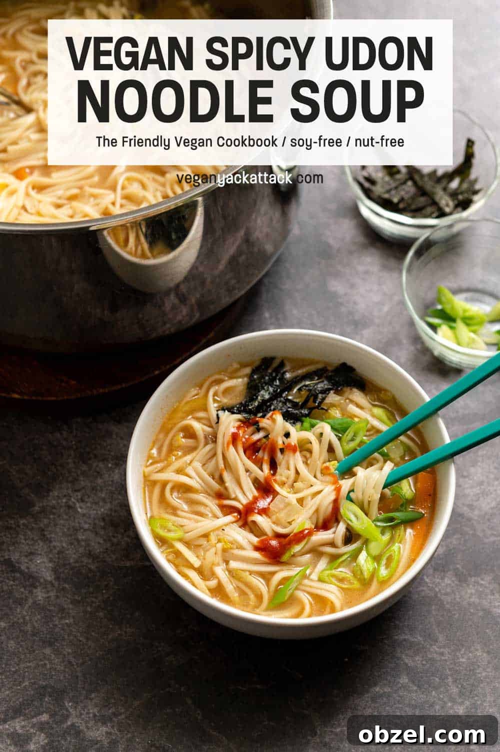 Spicy Vegan Udon Noodle Soup Recipe 2 Noodle soup in a large white bowl with teal chopsticks and text reading "Vegan Spicy Udon Noodle Soup"