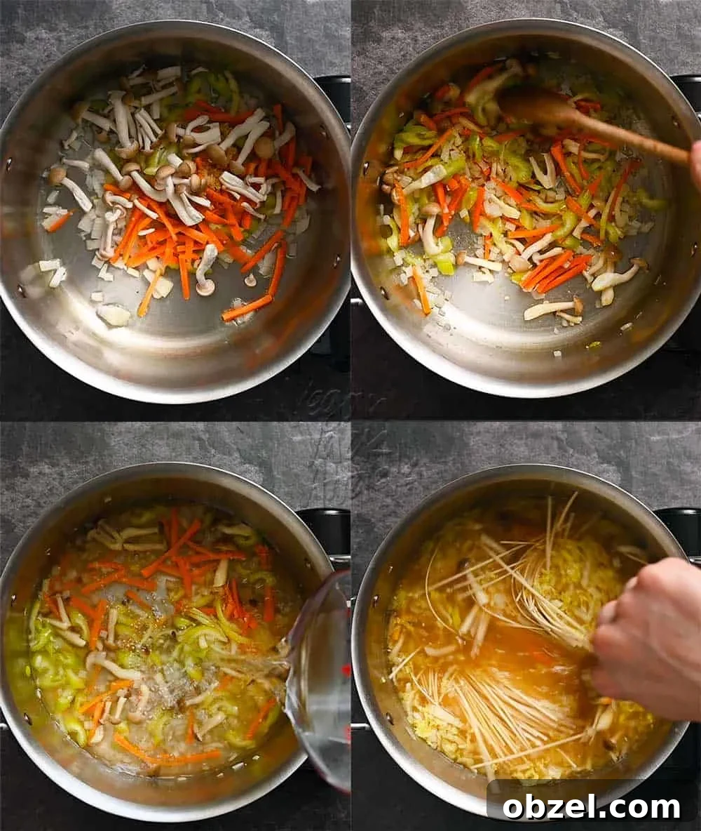 Spicy Vegan Udon Noodle Soup Recipe 5 Image collage of sautéing vegetables and making noodle soup
