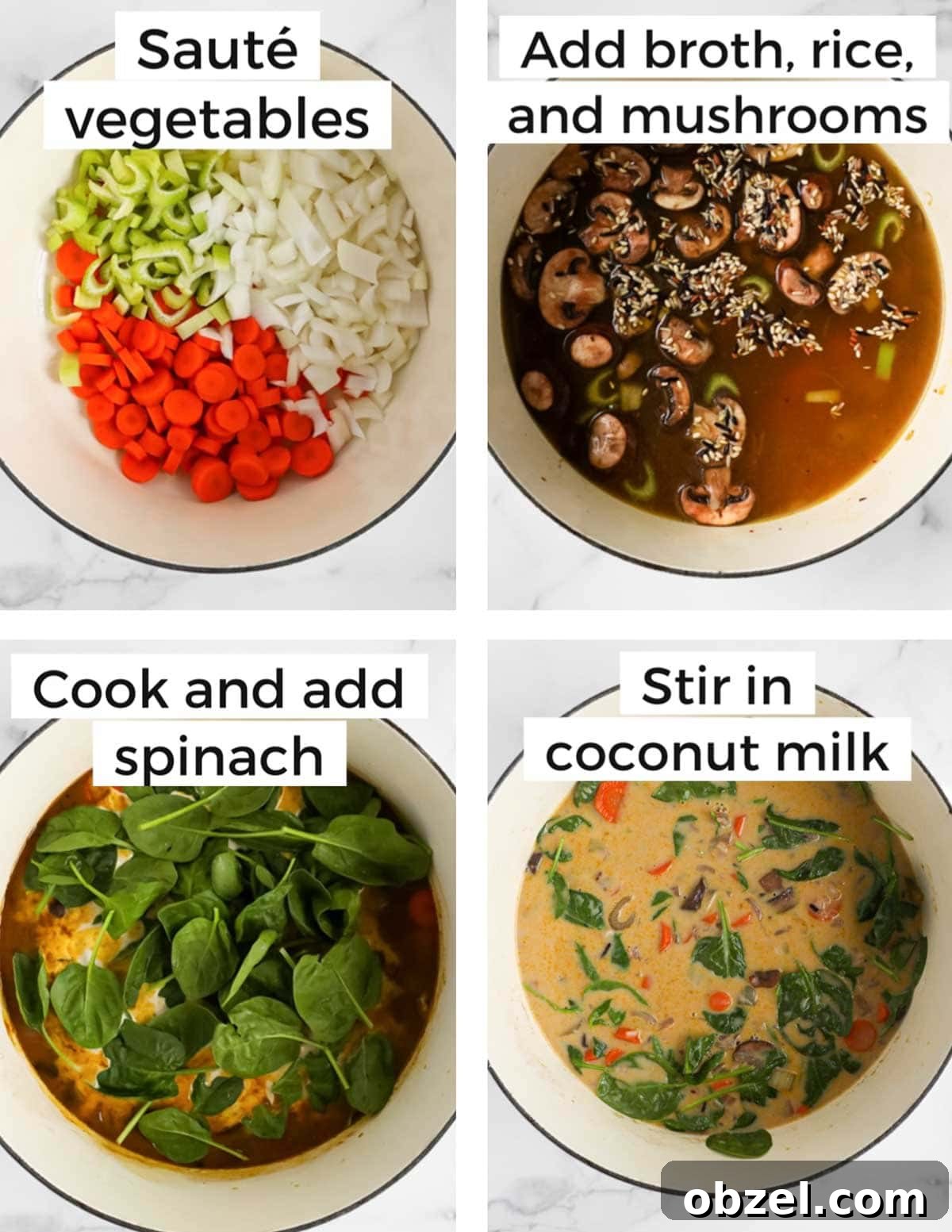 Creamy Wild Rice and Mushroom Soup Recipe 5 Four-step collage showing sauté vegetables, add broth and rice, cook and add spinach, stir in coconut milk.