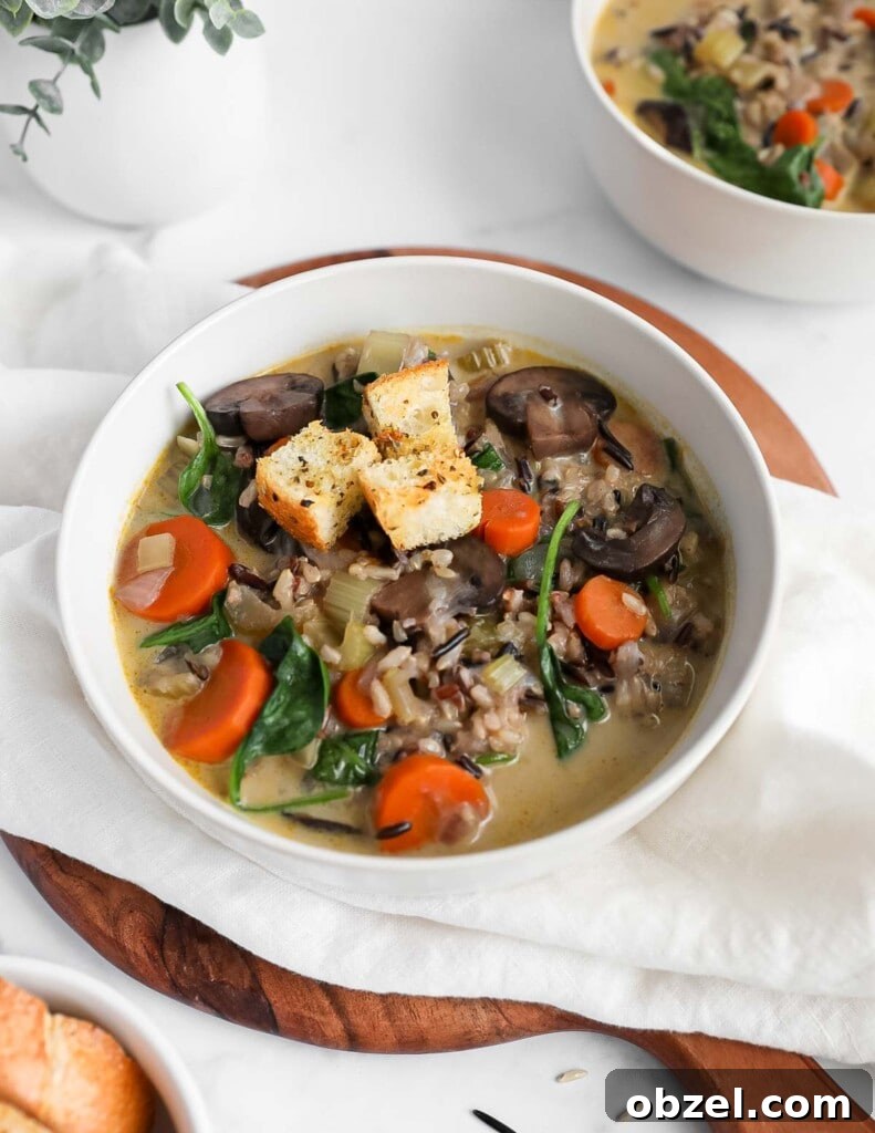 Creamy Wild Rice and Mushroom Soup Recipe 6 A white bowl filled with hearty vegetable and rice soup topped with toasted croutons.
