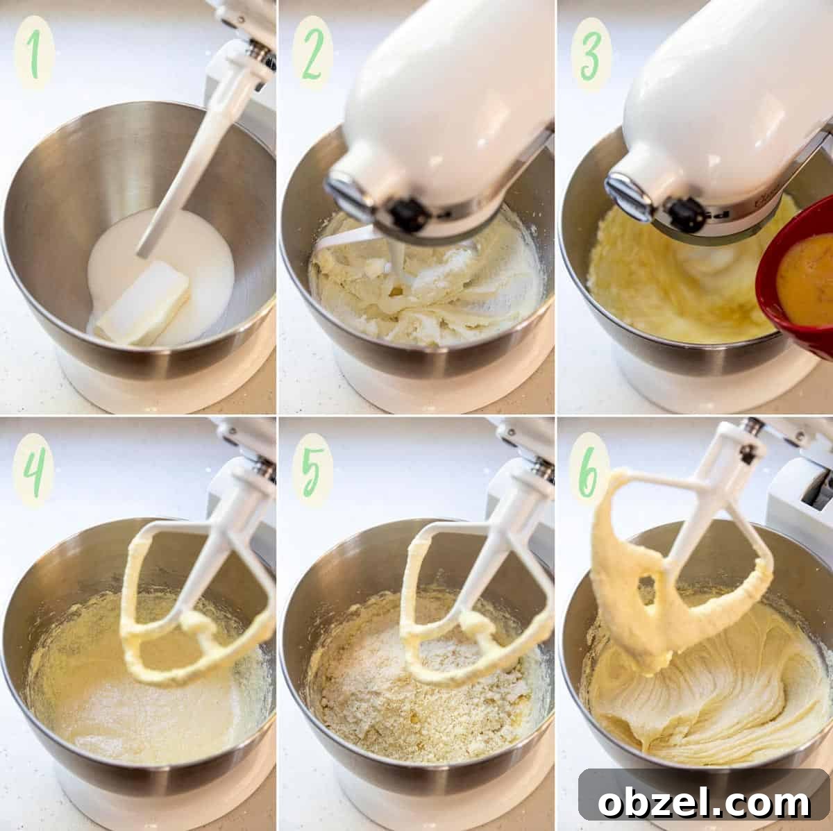 Steps for making almond cake batter for Pear Almond Cake Collage of 6 image showing the process of making the almond cake batter in a stand mixer