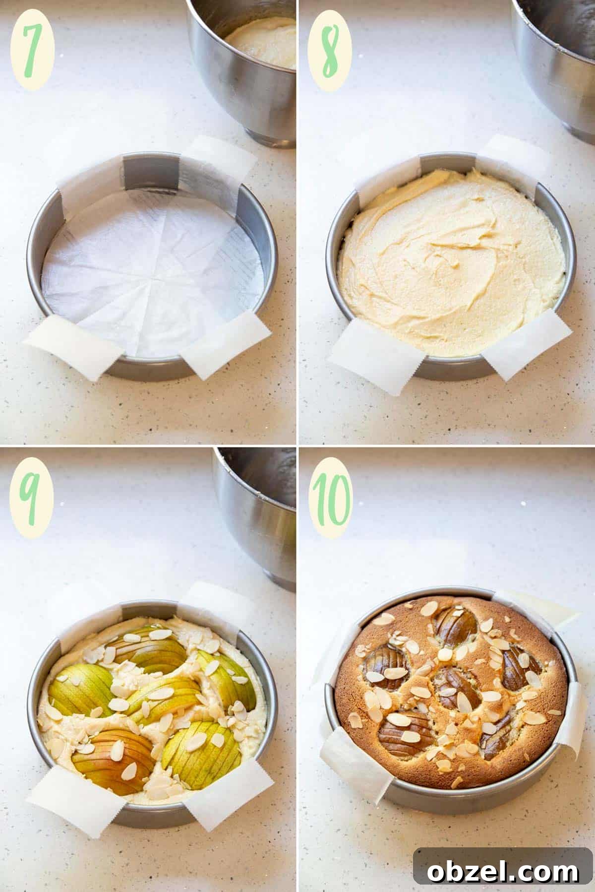Preparing Pear Almond Cake for baking Collage of 4 photos showing how to prepare the cake pan, adding batter and pears, and bake until golden brown