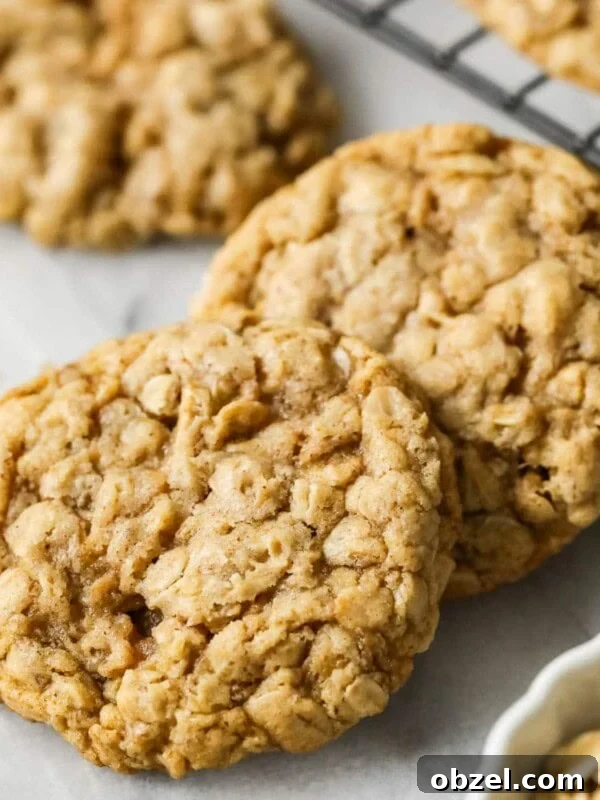 Two sourdough oatmeal cookies beside a cooling rack of more cookies.