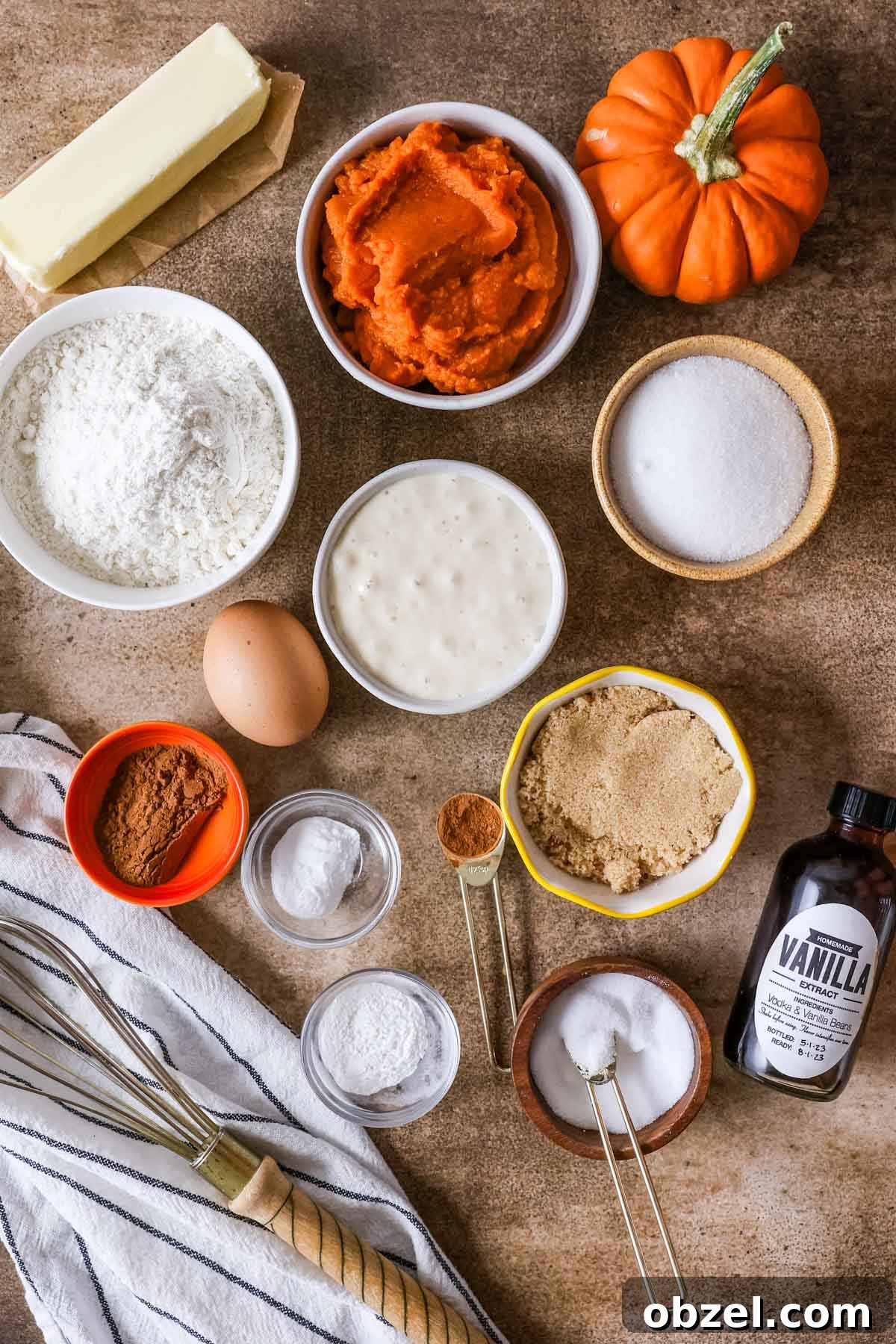 Overhead view of ingredients including pumpkin puree, sourdough discard, brown sugar, and more.