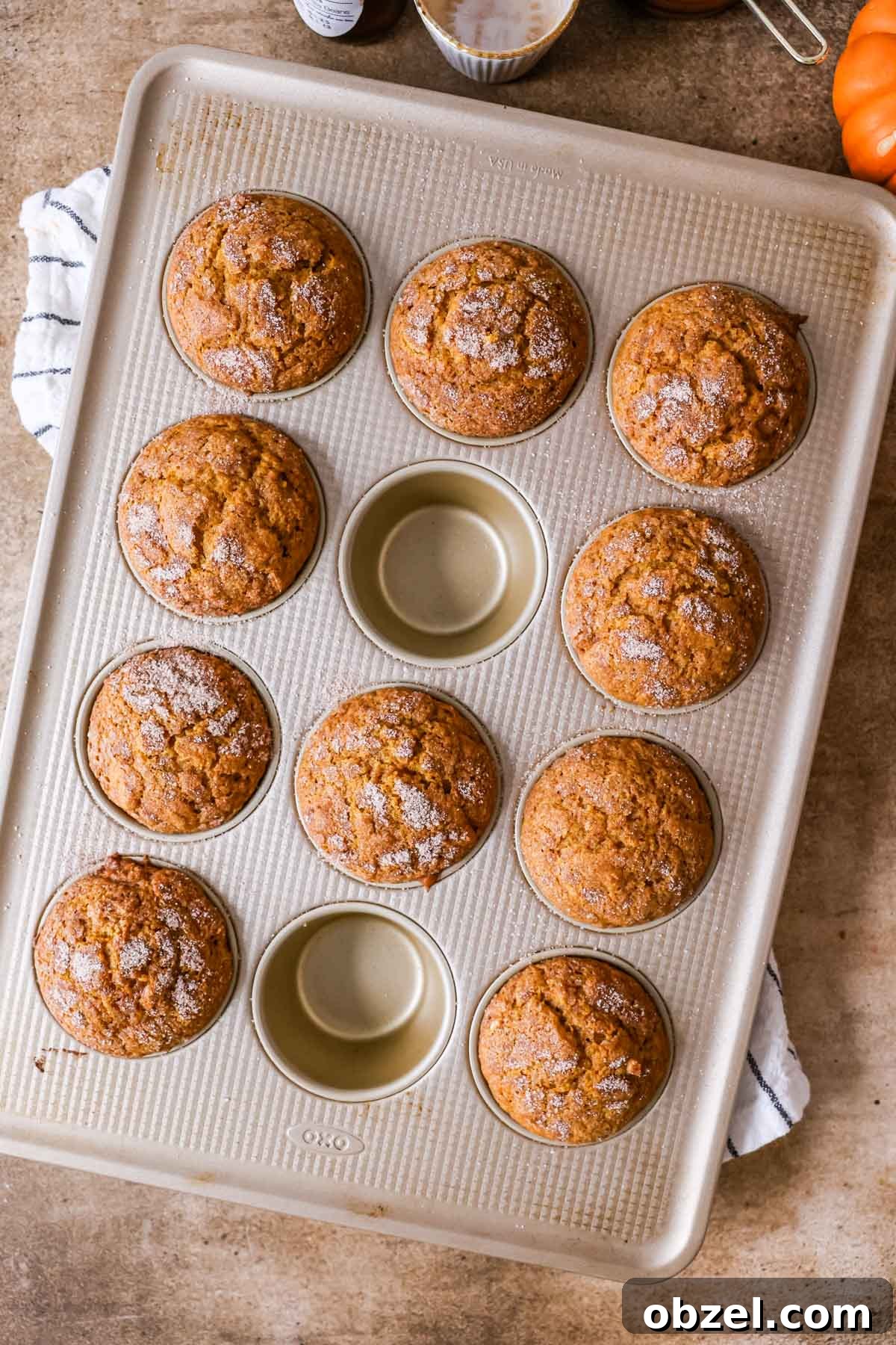 Overhead view of a muffin pan with sourdough pumpkin muffin batter inside after baking.