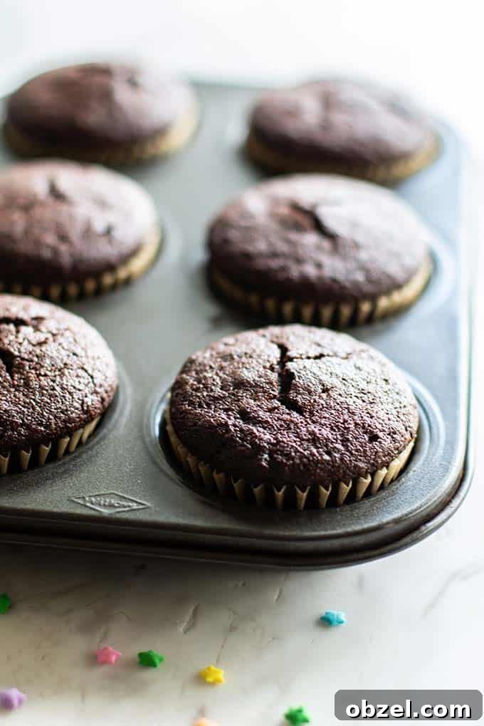 Gluten Free Chocolate Cupcakes Recipe 5 Cupcakes shown cooling in a pan after being baked.