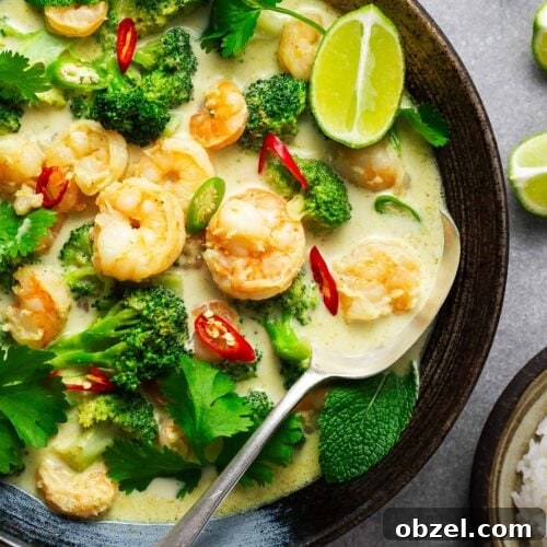 5 Ingredient Thai Green Curry Recipe 12 A ceramic bowl with Thai green curry with shrimp and broccoli garnished with fresh herbs and lime wedges with a serving spoon.