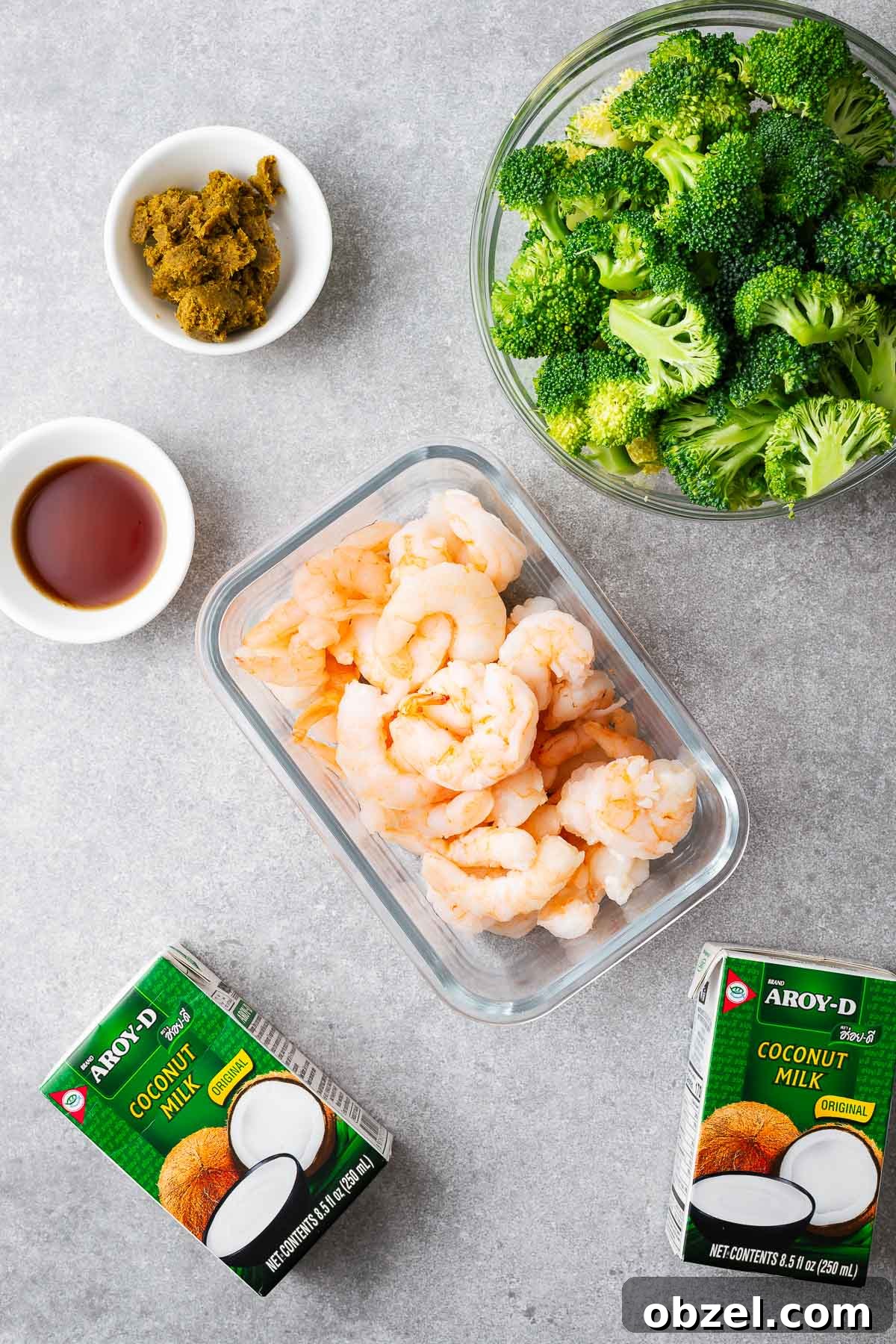 5 Ingredient Thai Green Curry Recipe 3 The five main ingredients for Thai green curry including green curry paste, coconut milk, fish sauce, vegetables and a protein with prawn tails pictured.