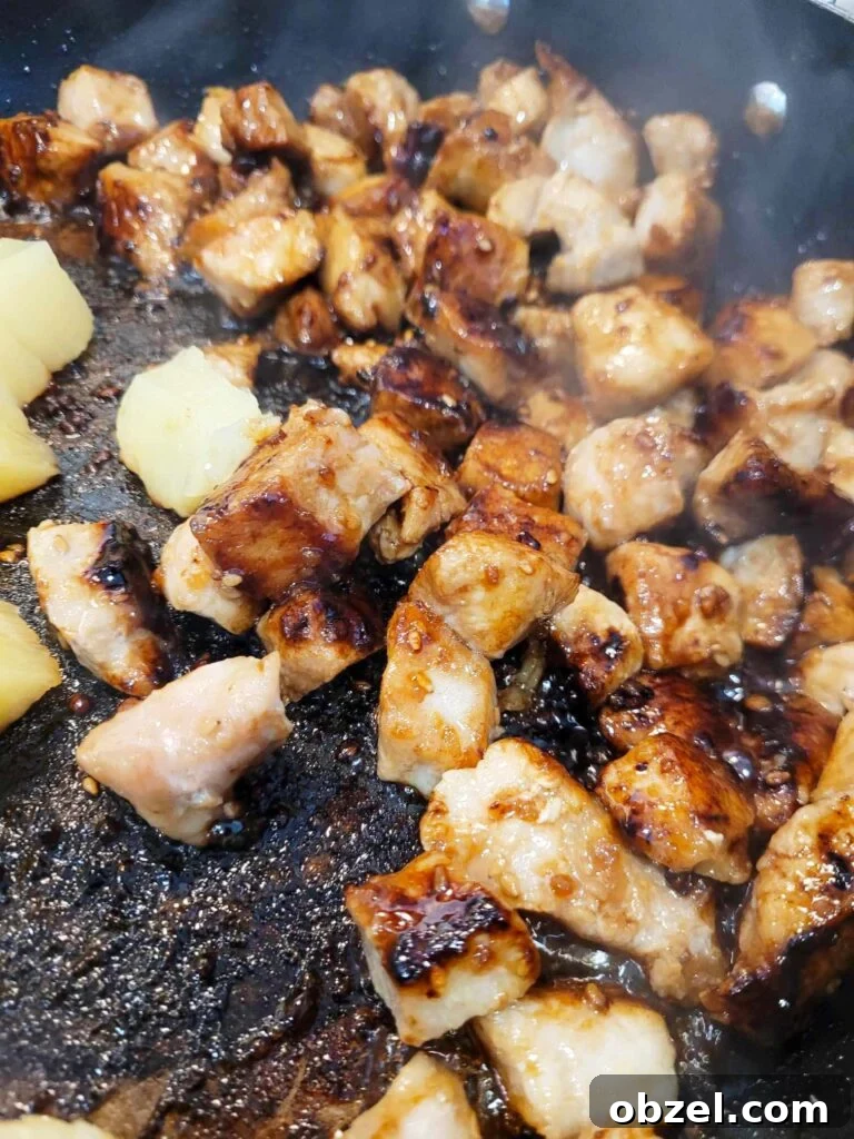 Pineapple Pork Rice Bowl Recipe 6 pan of caramelized teriyaki pork