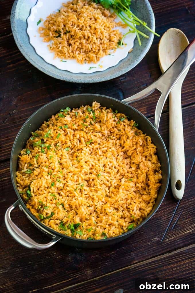 Spanish Rice Recipe with Tomatoes and Garlic 5 Mexican Rice in pan with Cilantro on top