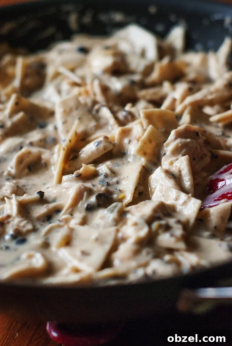 Sour Cream Chicken Enchilada Skillet with Corn Tortillas Stirring the tortillas into the sour cream enchilada sauce