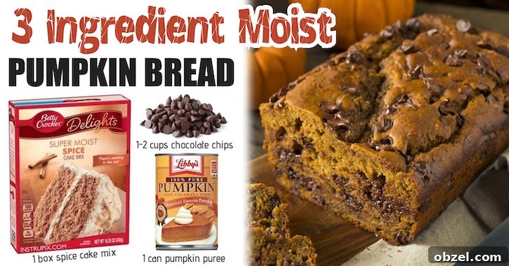 3 Ingredient Pumpkin Chocolate Chip Bread 2 Quick and easy pumpkin bread recipe made with a box of spice cake mix and chocolate chips. This is a delicious fall treat to serve as dessert, breakfast, or a sweet snack.