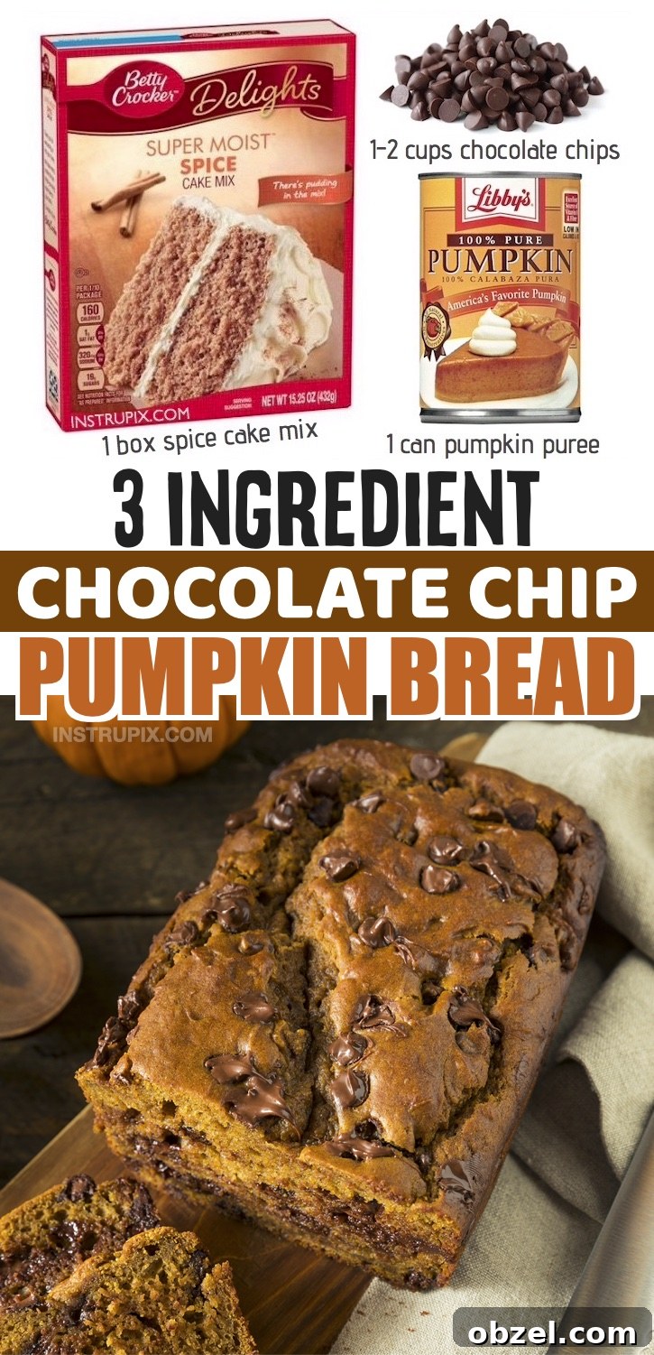 3 Ingredient Pumpkin Chocolate Chip Bread 9 Holiday pumpkin bread made with a box of spice cake mix and chocolate chips.