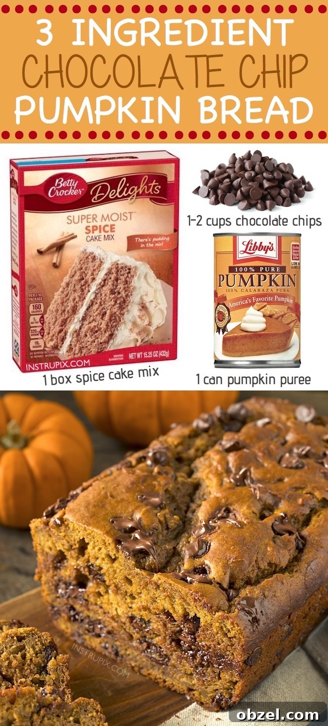 3 Ingredient Pumpkin Chocolate Chip Bread 7 Quick and easy moist chocolate chip pumpkin bread made with spice cake mix, pumpkin puree, and chocolate chips.