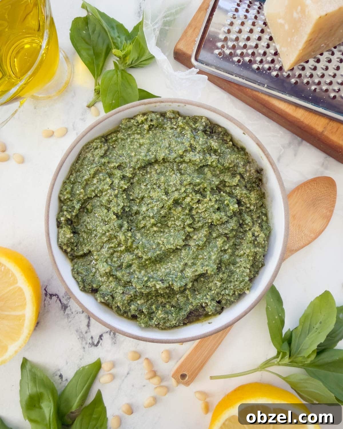 Authentic Pesto alla Genovese Recipe 2 A bowl of pesto alla Genovese, or basil pesto, with basil leaves, oil, lemons, and parmesan.