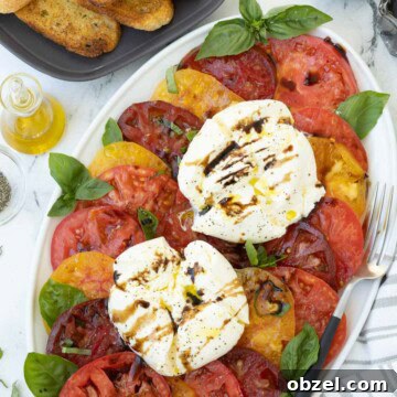 Plate of red, yellow, and burgundy tomatoes with burrata and basil.