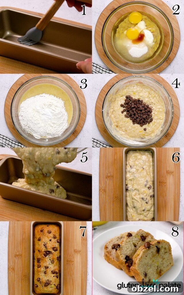 Moist Gluten-Free Banana Bread Recipe 5 Step-by-step photos of gluten-free banana bread: mashing bananas, mixing wet ingredients, folding in flour, pouring batter into loaf pan, and finished baked loaf.