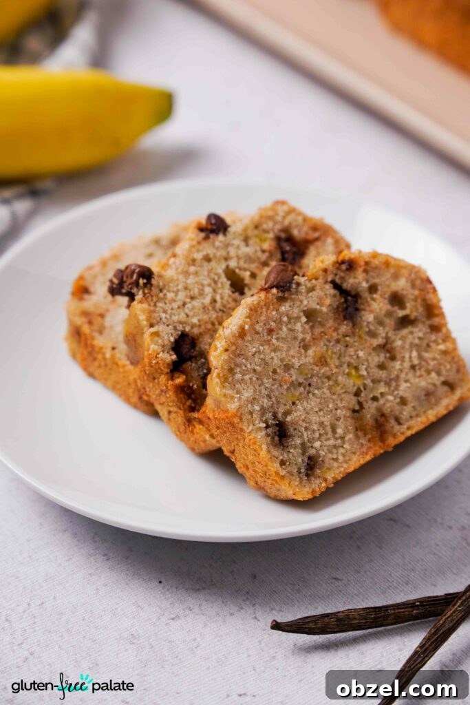 Moist Gluten-Free Banana Bread Recipe 6 Close-up of a sliced gluten-free banana bread on a side plate, showing a moist, even crumb with chocolate chips.