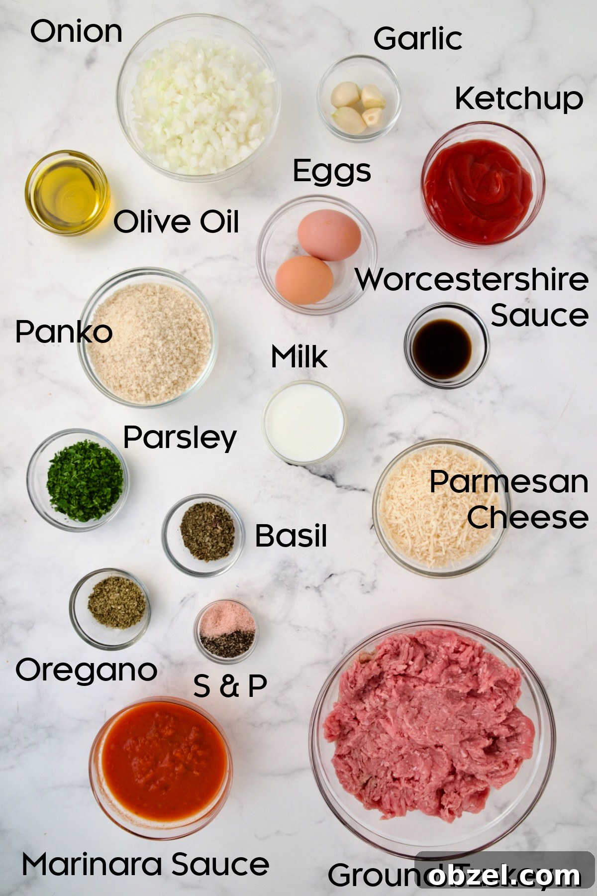 Mini Turkey Meatloaf Muffins Recipe 4 Ingredients for Turkey Meatloaf Muffins in glass bowls.