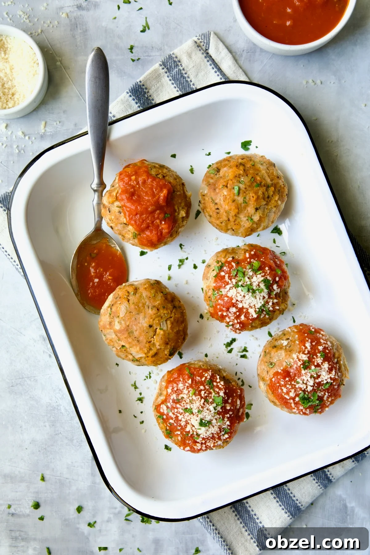 Mini Turkey Meatloaf Muffins Recipe 6 Six Turkey Meatloaf Muffins in white enamel pan.