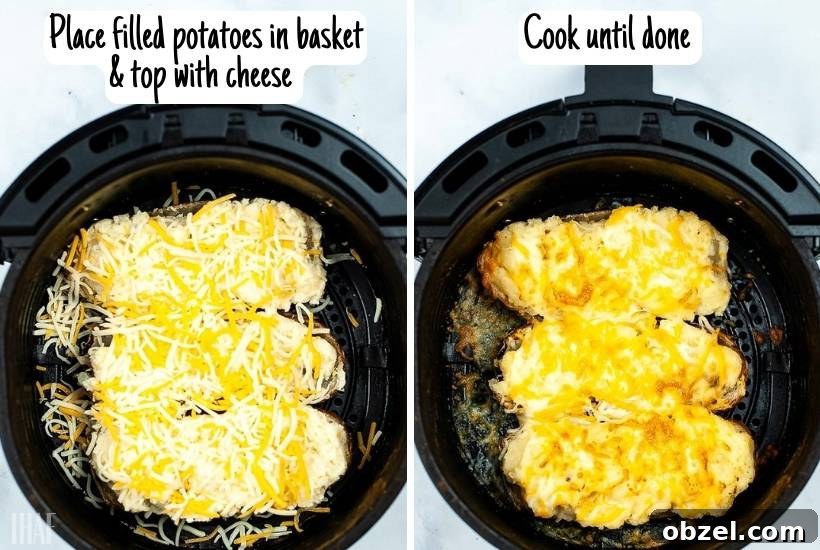 Cheesy Air Fryer Twice-Baked Potatoes 4 before and after of the twice baked potatoes in the air fryer