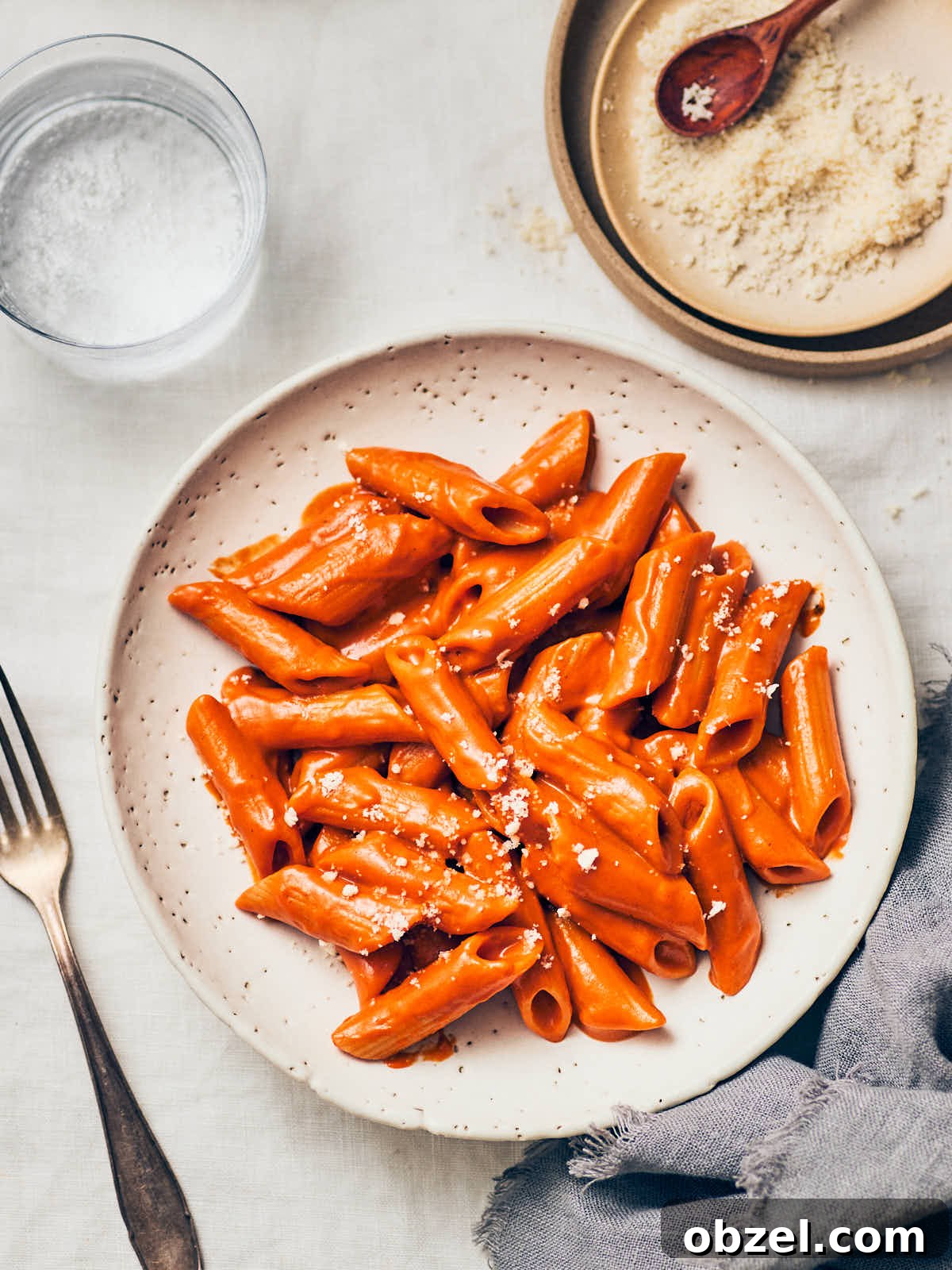Creamy Vegan Vodka Sauce Pasta 2 A plate of vegan vodka sauce pasta, with a small dish of vegan parmesan, fork, and water glass.