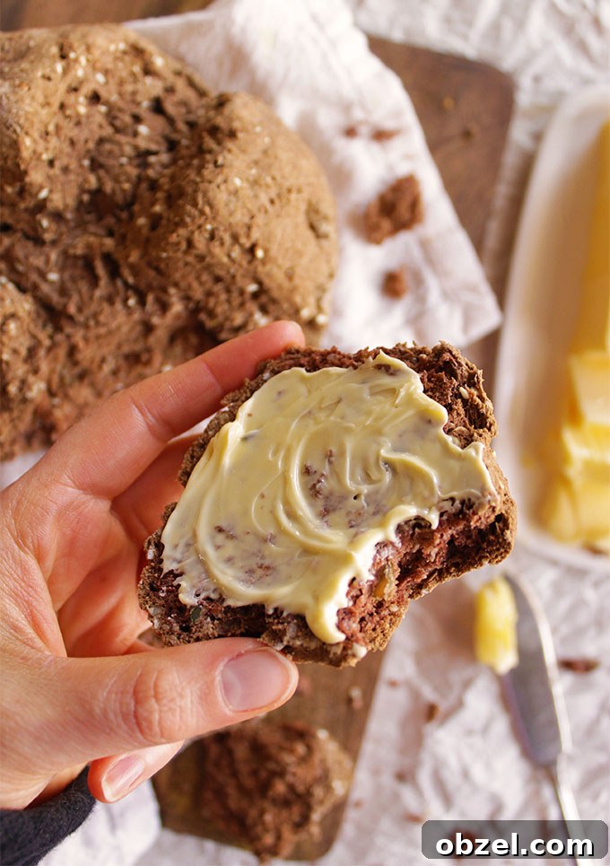 A gluten free version of a traditional Irish bread, brown soda bread. Hearty, rustic, perfect for dipping in soups and best spread with butter. Easy to make, no yeast, rising, or kneading required! 10 minutes to put together and 40 minutes to bake! Also, with a dairy free option. So yum!!!! | robustrecipes.com 