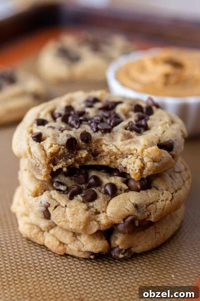 Chewy Peanut Butter Chocolate Chip Cookies 4 Peanut Butter Chocolate Chip Cookies stacked on top of each other