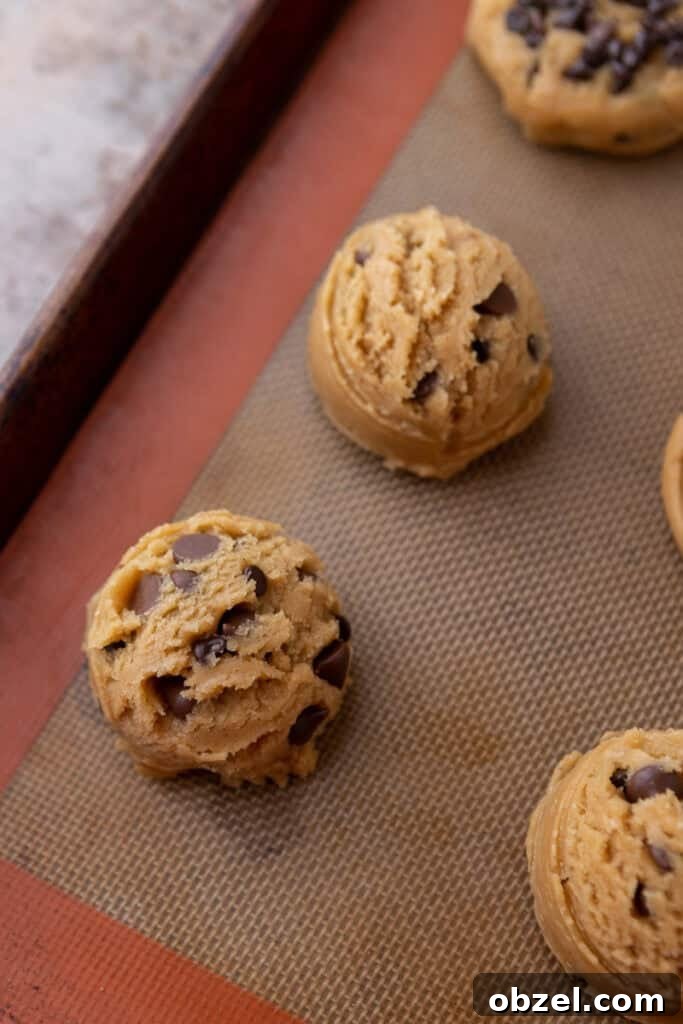Chewy Peanut Butter Chocolate Chip Cookies 9 dough balls on baking sheet
