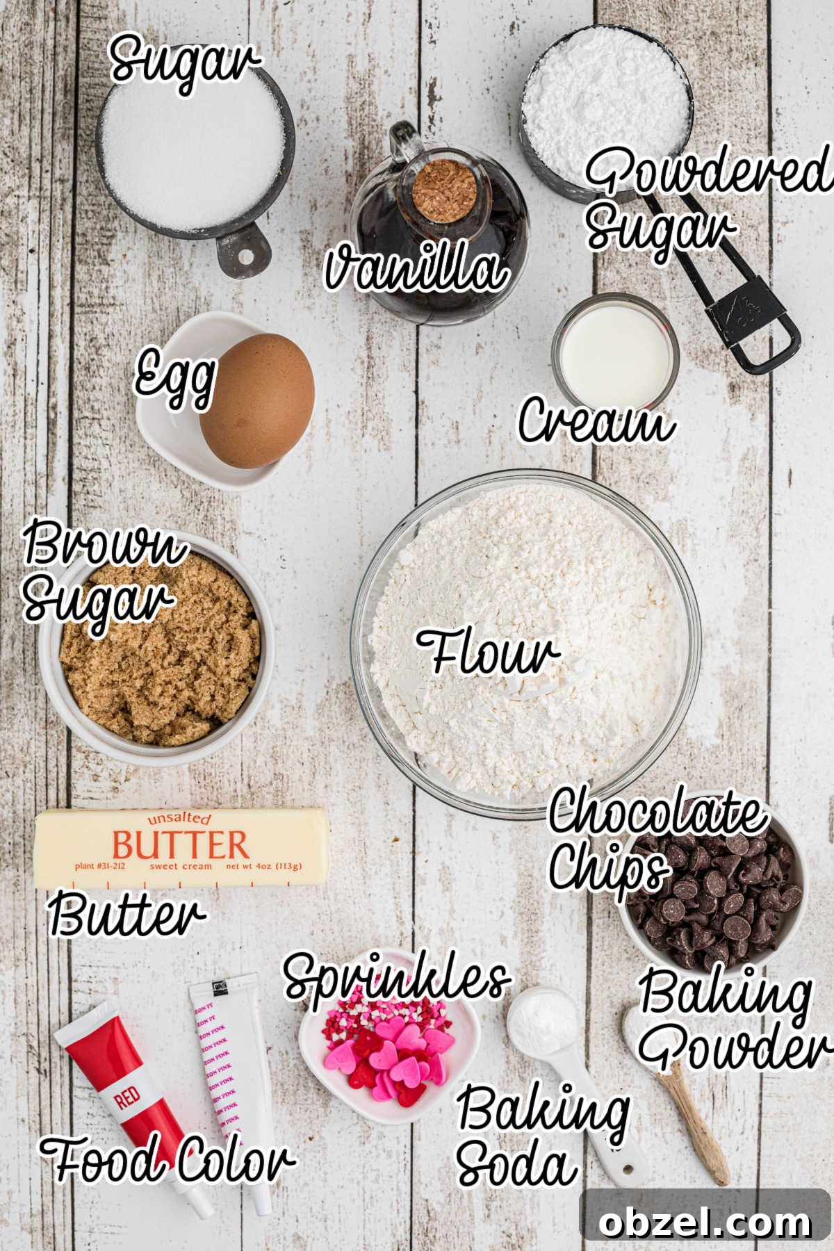 Ingredients needed to make a giant valentines cookie.
