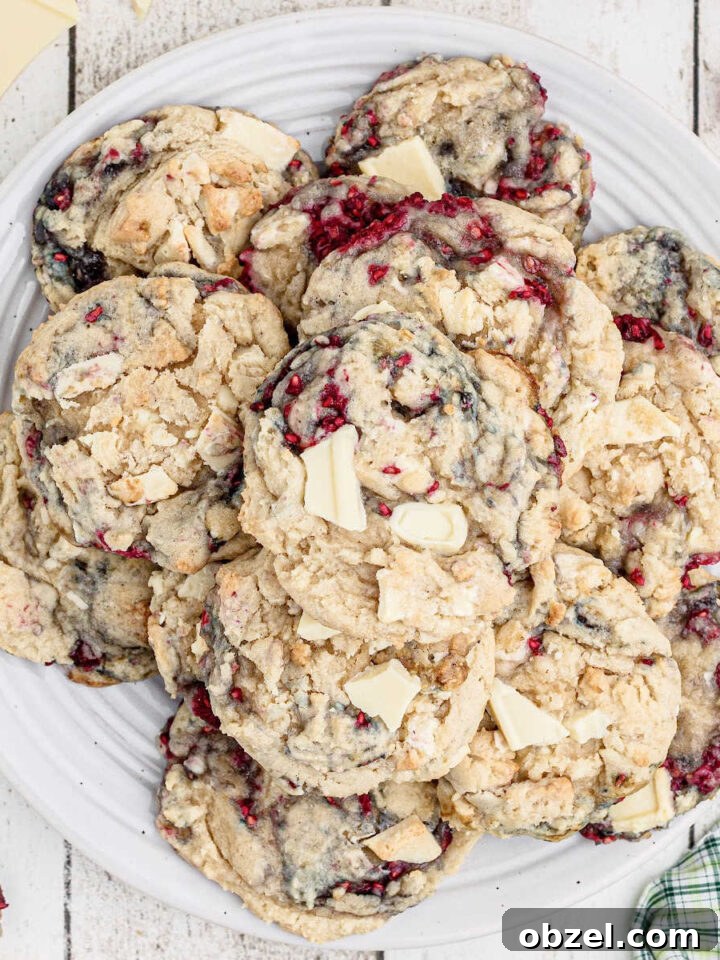 An overhead shot of a plate full of white chocolate raspberry cookies.
