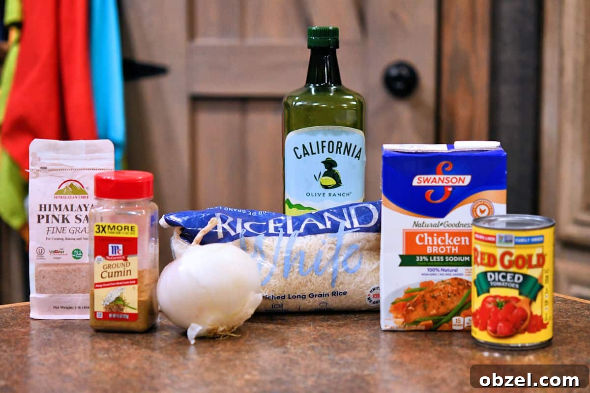 Homemade Mexican Red Rice Recipe 3 Ingredients for Mexican Red Rice displayed on a countertop